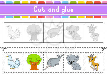 Cut and play. Paper game with glue. Flash cards. Education worksheet. Activity page. Scissors practice. Isolated vector illustration. Cartoon style.