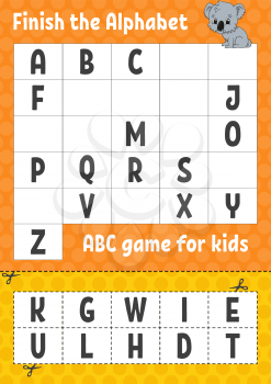 Finish the alphabet. ABC game for kids. Cut and glue. Education developing worksheet. Learning game for kids. Color activity page.