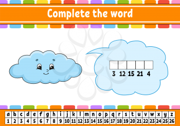 Complete the words. Cipher code. Learning vocabulary and numbers. Education worksheet. Activity page for study English. Isolated vector illustration. Cartoon character.