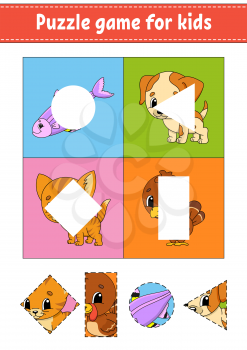 Puzzle game for kids. Cut and paste. Cutting practice. Learning shapes. Education worksheet. Circle, square, rectangle, triangle. Activity page. Cartoon character.