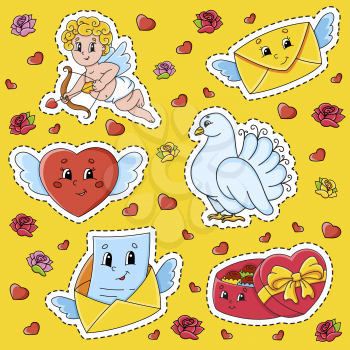 Set of stickers with cute cartoon characters. Valentine's Day clipart. Hand drawn. Colorful pack. Vector illustration. Patch badges collection. Label design elements. For daily planner, diary.