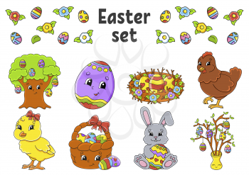 Set of cute cartoon characters. Easter clipart. Hand drawn. Colorful pack. Vector illustration. Patch badges collection. Label design elements. For daily planner, diary, organizer.