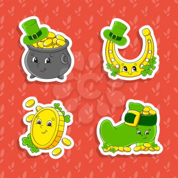 Set of bright color stickers for kids. St. Patrick's day. Cute cartoon characters. Vector illustration isolated on color background.
