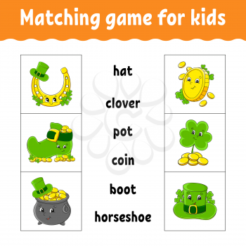 Matching game for kids. Find the correct answer. Draw a line. Learning words. Activity worksheet. St. Patrick's day. Cartoon character.