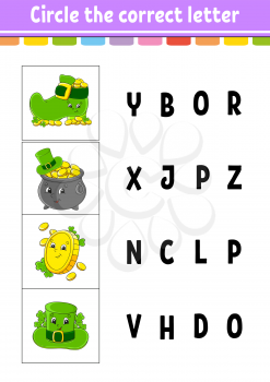 Circle the correct letter. Education developing worksheet. Learning game for kids. St. Patrick's day. Color activity page. Cartoon character.