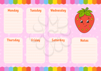 School schedule. Timetable for schoolboys. Empty template. Weekly planer with notes. Isolated color vector illustration. Cartoon character.