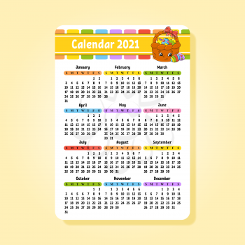 Calendar for 2020 with a cute character. Easter basket. Fun and bright design. Isolated color vector illustration. Pocket size. Cartoon style.