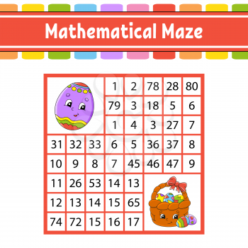 Mathematical maze. Game for kids. Number labyrinth. Education developing worksheet. Activity page. Puzzle for children. Cartoon characters. Easter theme. Color vector illustration