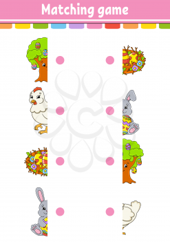 Matching game. Draw a line. Easter theme. Education developing worksheet. Activity page with color pictures. Riddle for children. Isolated vector illustration. Funny character. Cartoon style.