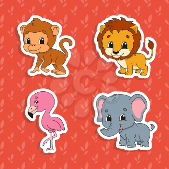 Set of bright color stickers. Orange lion. Brown monkey. Pink flamingo. Gray elephant. Cute cartoon characters. Vector illustration isolated on color background. Wild animals.