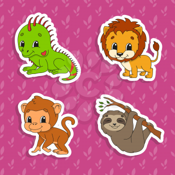Set of bright color stickers. Orange lion. Brown monkey. Green iguana. Brown sloth. Cute cartoon characters. Vector illustration isolated on color background. Wild animals.