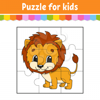 Puzzle game for kids. Orange lion. Education worksheet. Color activity page. Riddle for preschool. Isolated vector illustration. Cartoon style.