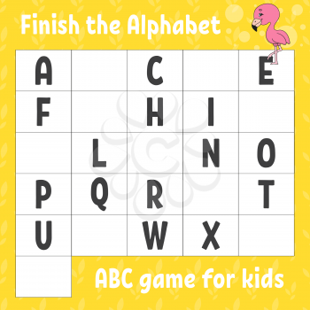 Finish the alphabet. ABC game for kids. Education developing worksheet. Pink flamingo. Learning game for kids. Color activity page.