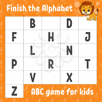 Finish the alphabet. ABC game for kids. Education developing worksheet. Orange lion. Learning game for kids. Color activity page.