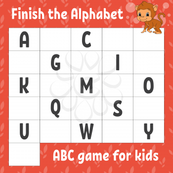 Finish the alphabet. ABC game for kids. Education developing worksheet. Brown monkey. Learning game for kids. Color activity page.