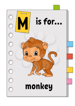 M is for monkey. ABC game for kids. Word and letter. Learning words for study English. Cartoon character. Color vector illustration. Cute animal.