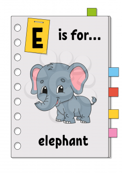 E is for elephant. ABC game for kids. Word and letter. Learning words for study English. Cartoon character. Color vector illustration. Cute animal.