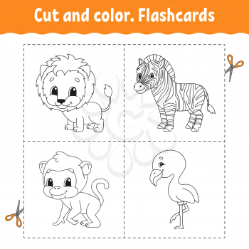 Cut and color. Flashcard Set. flamingo, lion, zebra, monkey. Coloring book for kids. Cartoon character. Cute animal.