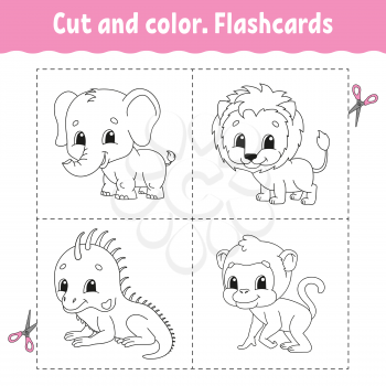Cut and color. Flashcard Set. lion, monkey, iguana, elephant. Coloring book for kids. Cartoon character. Cute animal.