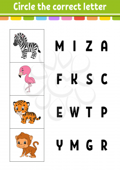 Circle the correct letter. Zebra, flamingo, tiger, monkey. Education developing worksheet. Learning game for kids. Color activity page. Cartoon character.