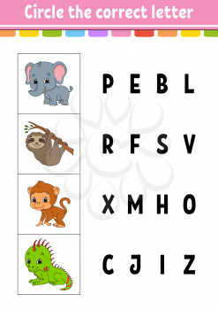 Circle the correct letter. monkey, elephant, sloth, iguana. Education developing worksheet. Learning game for kids. Color activity page. Cartoon character.