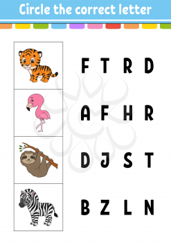 Circle the correct letter. Zebra, flamingo, tiger, sloth. Education developing worksheet. Learning game for kids. Color activity page. Cartoon character.