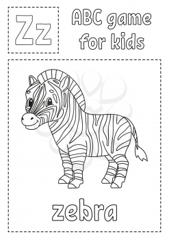 Letter Z is for zebra. ABC game for kids. Alphabet coloring page. Cartoon character. Word and letter. Vector illustration.