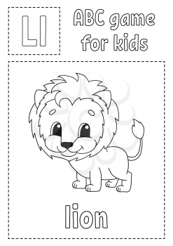 Letter L is for lion. ABC game for kids. Alphabet coloring page. Cartoon character. Word and letter. Vector illustration.