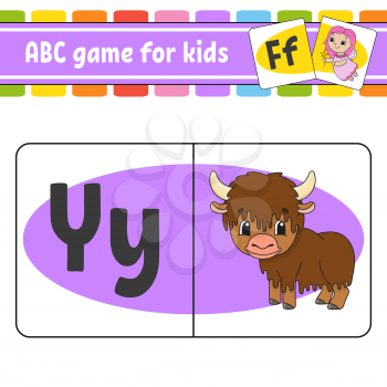 ABC flash cards. Animal yak. Alphabet for kids. Learning letters. Education worksheet. Activity page for study English. Color game for children. Isolated vector illustration. Cartoon style.