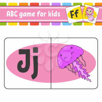ABC flash cards. Marine jellyfish. Alphabet for kids. Learning letters. Education worksheet. Activity page for study English. Color game for children. Isolated vector illustration. Cartoon style.