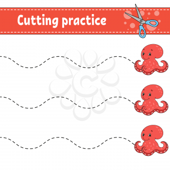 Cutting practice for kids. Aquatic octopus. Education developing worksheet. Activity page. Color game for children. Isolated vector illustration. Cartoon character.