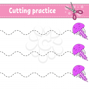 Cutting practice for kids. Marine jellyfish. Education developing worksheet. Activity page. Color game for children. Isolated vector illustration. Cartoon character.