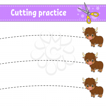 Cutting practice for kids. Animal yak. Education developing worksheet. Activity page. Color game for children. Isolated vector illustration. Cartoon character.
