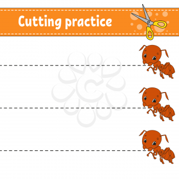 Cutting practice for kids. Insect ant. Education developing worksheet. Activity page. Color game for children. Isolated vector illustration. Cartoon character.