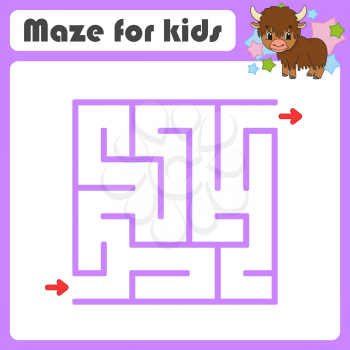 Square maze. Game for kids. Animal yak. Puzzle for children. Cartoon style. Labyrinth conundrum. Color vector illustration. Find the right path. The development of logical and spatial thinking.