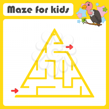 Square maze. Game for kids. Bird vulture. Puzzle for children. Cartoon style. Labyrinth conundrum. Color vector illustration. Find the right path. The development of logical and spatial thinking.