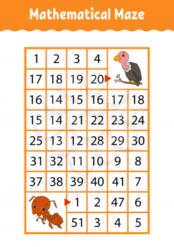 Mathematical rectangle maze. Ant and vulture. Game for kids. Number labyrinth. Education worksheet. Activity page. Riddle for children. Cartoon characters.