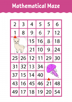 Mathematical rectangle maze. Alpaca and jellyfish. Game for kids. Number labyrinth. Education worksheet. Activity page. Riddle for children. Cartoon characters.