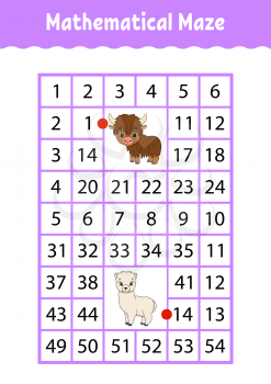 Mathematical rectangle maze. Yak and alpaca. Game for kids. Number labyrinth. Education worksheet. Activity page. Riddle for children. Cartoon characters.