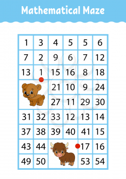 Mathematical rectangle maze. bear and yak. Game for kids. Number labyrinth. Education worksheet. Activity page. Riddle for children. Cartoon characters.