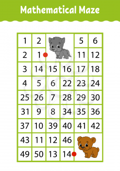 Mathematical rectangle maze. Wolf and bear. Game for kids. Number labyrinth. Education worksheet. Activity page. Riddle for children. Cartoon characters.