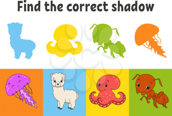 Find the correct shadow. Jellyfish, alpaca, octopus, ant. Education worksheet. Matching game for kids. Color activity page. Puzzle for children. Cartoon character. Isolated vector illustration.