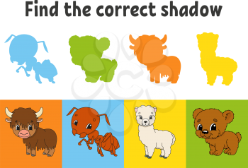 Find the correct shadow. Education worksheet. Matching game for kids. Yak, ant, alpaca, bear. Color activity page. Puzzle for children. Cartoon character. Isolated vector illustration.