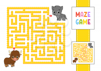 Funny square maze. Game for kids. Yak and wolf. Puzzle for children. Labyrinth conundrum with character. Color vector illustration. Find the right path. With answer.