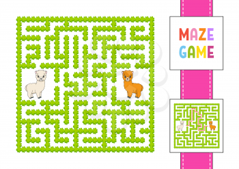 Funny square maze. Game for kids. Animal alpaca. Puzzle for children. Labyrinth conundrum with character. Color vector illustration. Find the right path. With answer.