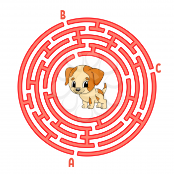 Circle maze. Dog animal. Game for kids. Puzzle for children. Round labyrinth conundrum. Color vector illustration. Find the right path. Education worksheet.