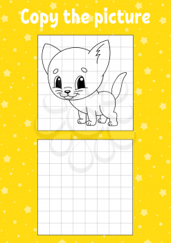 Copy the picture. Cat animal. Coloring book pages for kids. Education developing worksheet. Game for children. Handwriting practice. Funny character. Cartoon vector illustration.