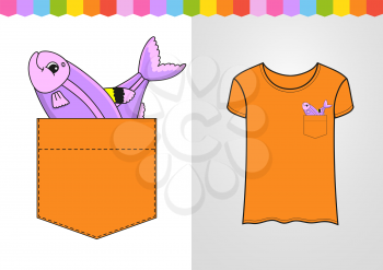 Cute character in shirt pocket. Fish. Colorful vector illustration. Cartoon style. Isolated on white background. Design element.