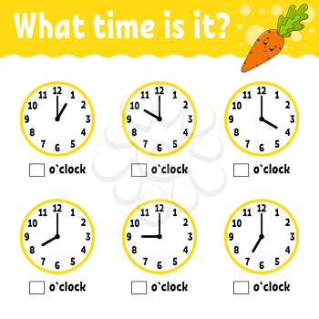 Learning time on the clock. Educational activity worksheet for kids and toddlers. Vegetable carrot. Game for children. Simple flat isolated color vector illustration in cute cartoon style.
