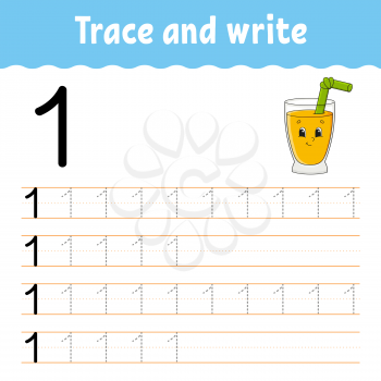 Number 1. Trace and write. Handwriting practice. Learning numbers for kids. Education developing worksheet. Color activity page. Isolated vector illustration in cute cartoon style.